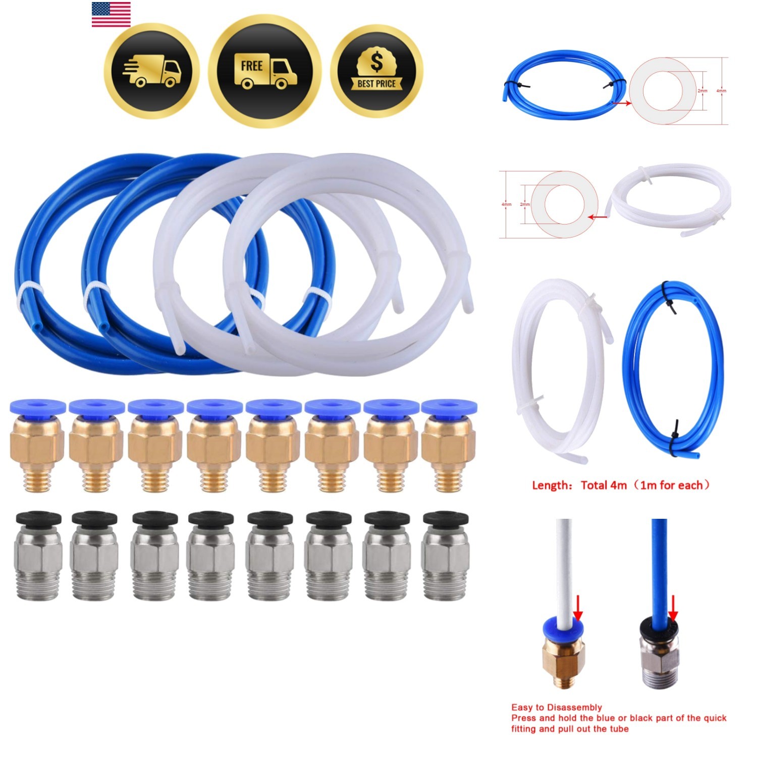 3D Printer PTFE Tubing Fittings Kit 4mm OD Blue White 1M 8x M6 8x M10