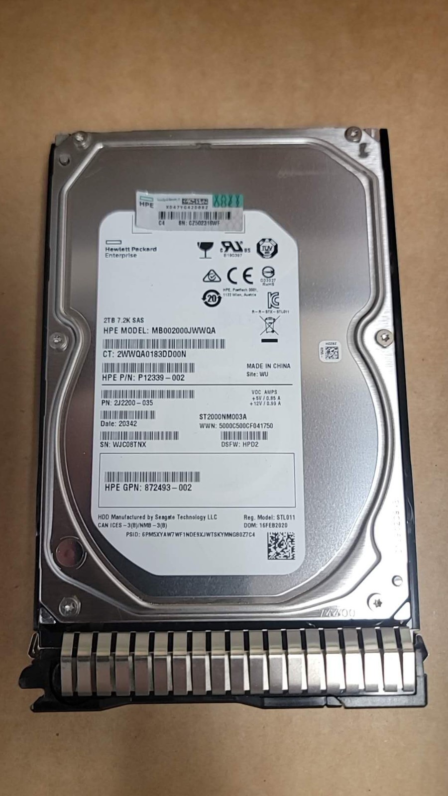 HPE 2TB 7200RPM SAS Hard Drive P12339-002  ST2000NM003A W/Tray:  872744