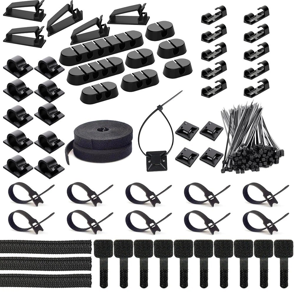 NEW163Pcs CableOrganizer Clips Cord Winder Wire Management Ties Holder Set Black