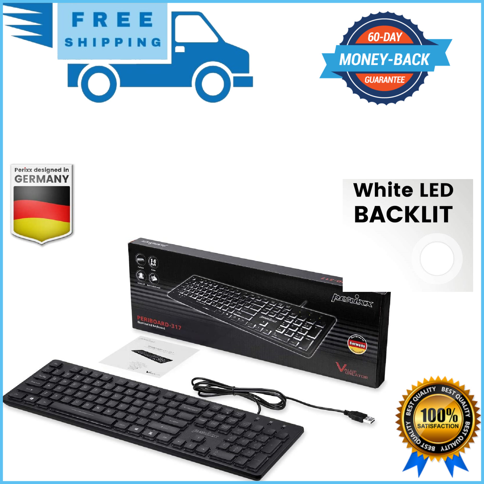 Large Print Computer Keyboard LED Lighted White Backlit Full Size Multimedia Key