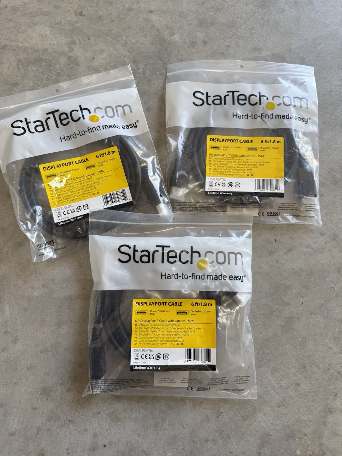 Lot of 3 StarTech.com 6 ft (1.8 m) DisplayPort cables with latches