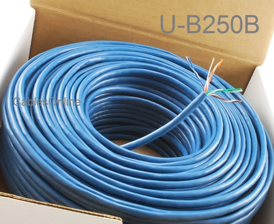 250ft Cat5e 350MHz UTP 24AWG solid pure copper, Riser Rated CMR Bulk Cable, Blue