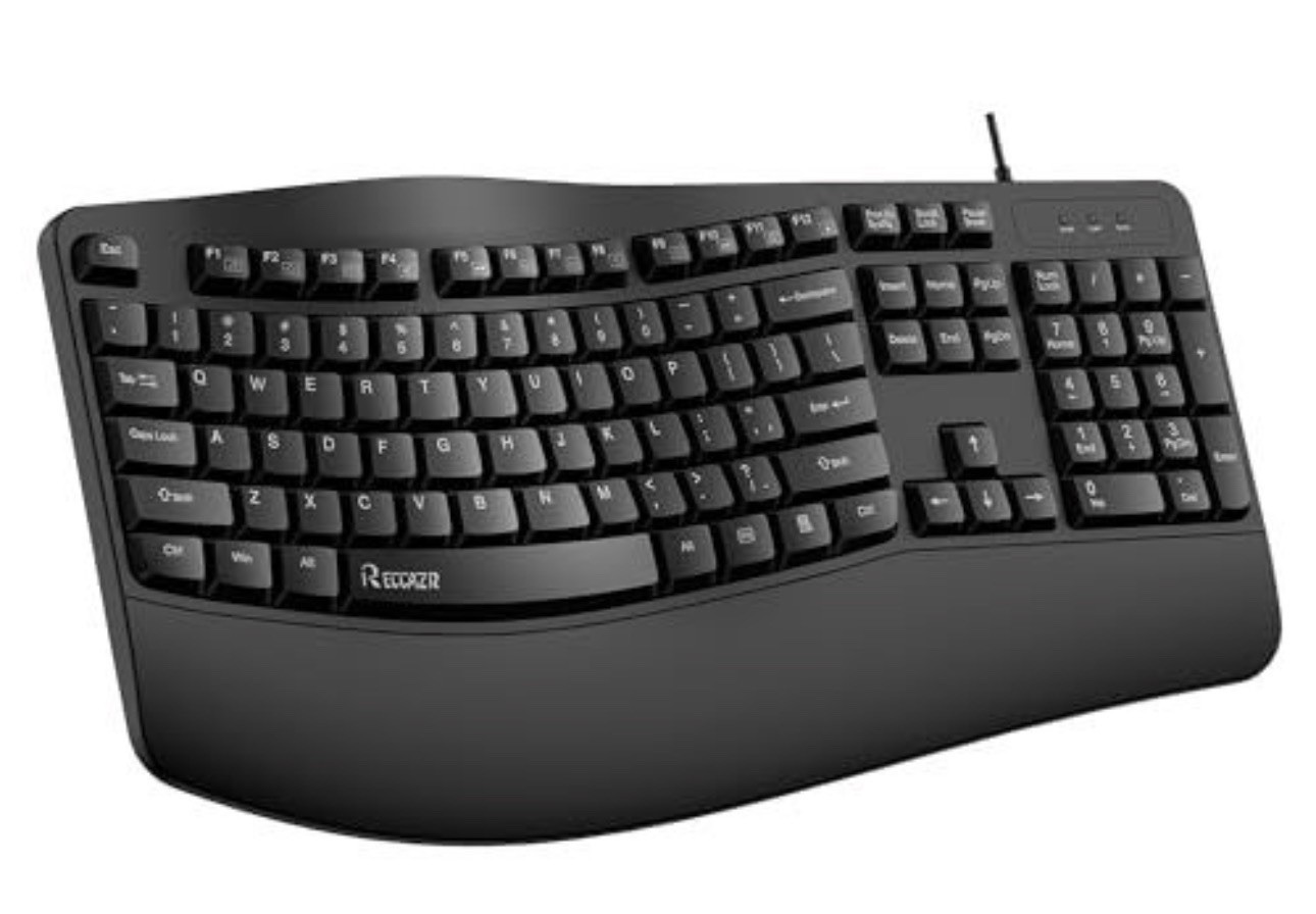 RECCAZR Ergonomic Keyboard, Wired Computer USB Keyboard with Wrist Rest