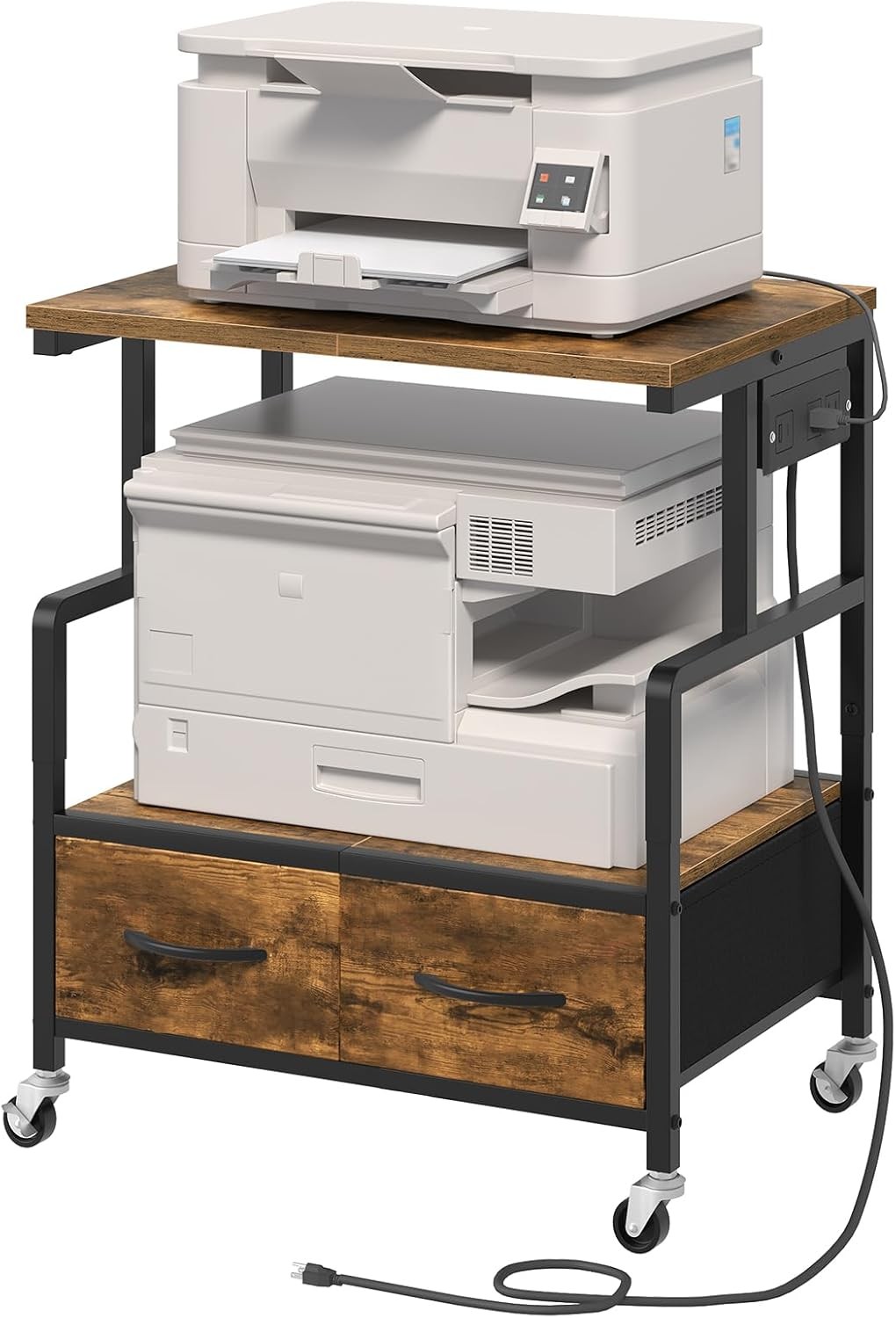 Printer Stand, 3 Tier Printer Cart with Power Outlet and Fabric Drawers, Indu...