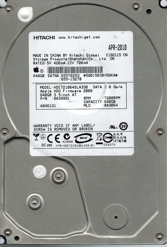 Hitachi HDE721064SLA330 P/N: 0A39991 MLC: BA3064 APPLE 640GB MAC