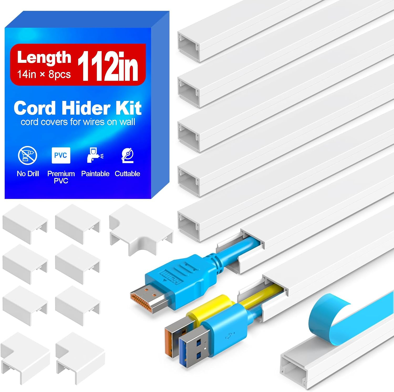 112in Cable Raceway Cord Hider Kit Self Adhesive Paintable Wire Cover White