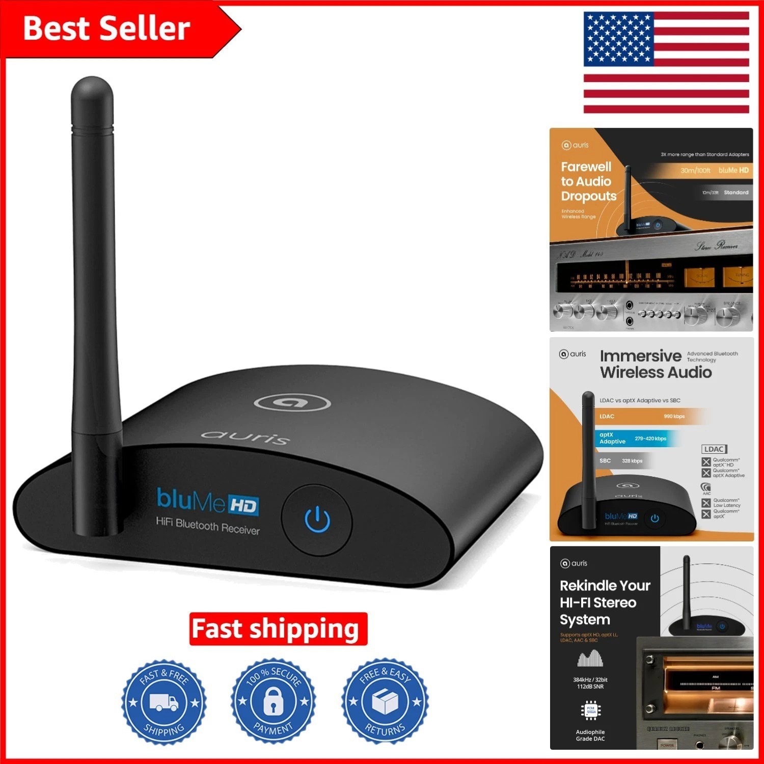 Blume HD Long Range Bluetooth 5.3 Hi-Fi Audio Receiver with Audiophile DAC