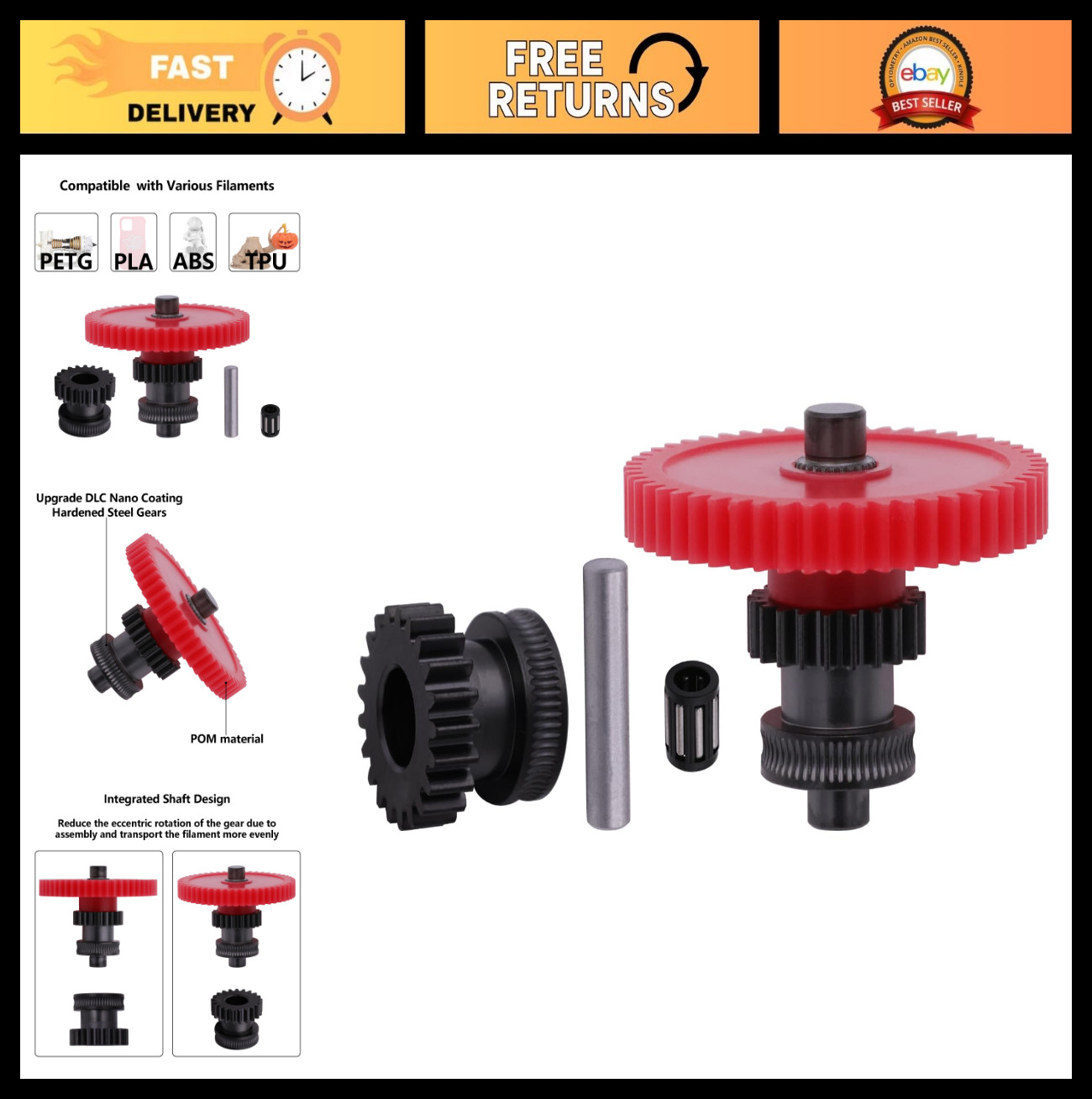 Hardened Steel Dual Extruder Gear Kit for 3D Printers - POM & DLC Coated Upgrade
