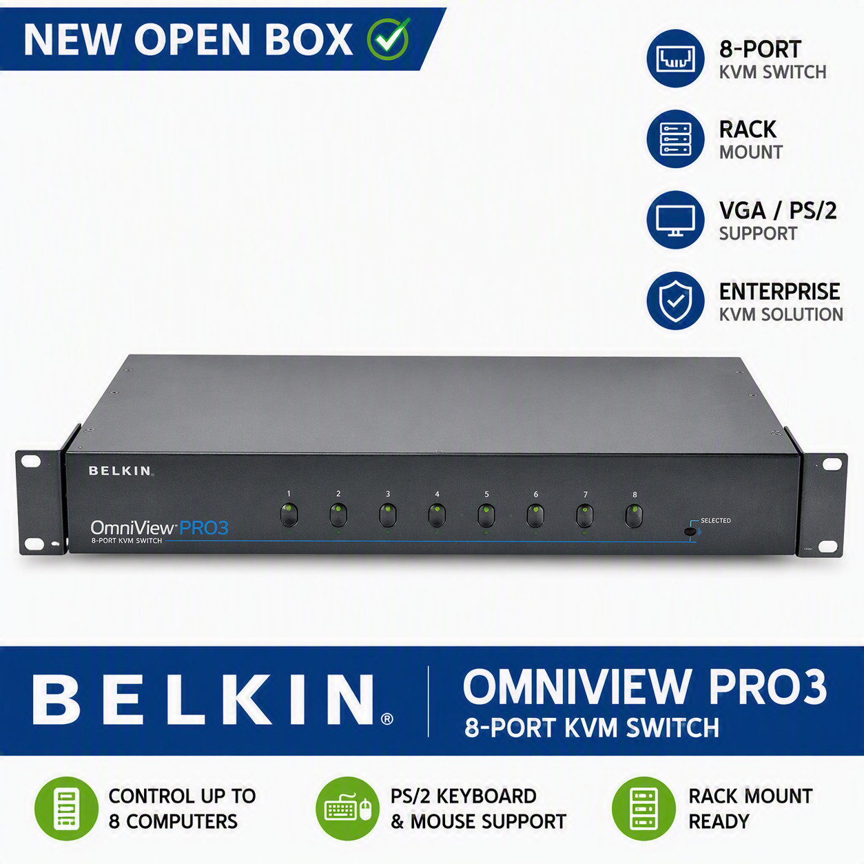Belkin OmniView PRO3 8-Port KVM Switch Rackmount VGA PS/2 New Open Box Complete