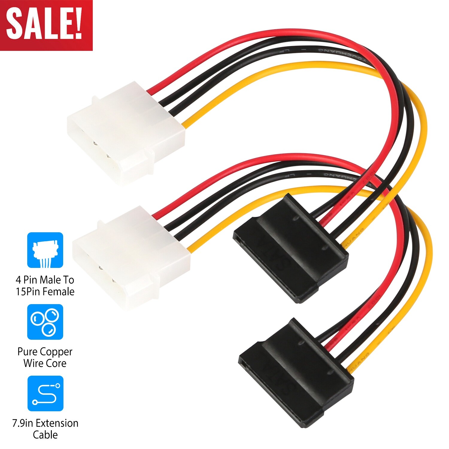 2Pcs 4-Pin Male To 15-Pin Female Power Adapter Cable Converter Hard Drive Cable