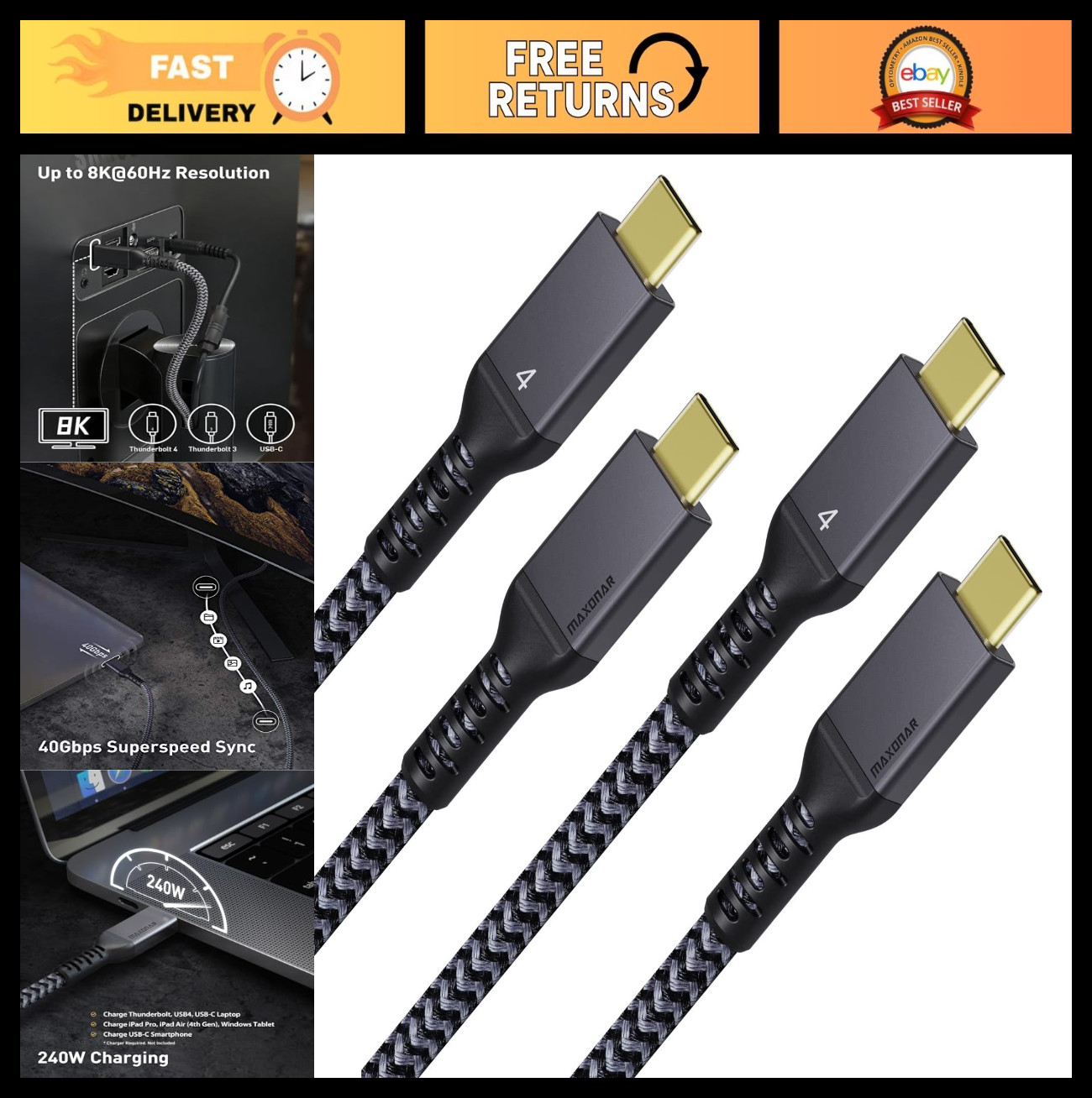 2 Pack 6.6Ft Thunderbolt 4 Cable - 240W Fast Charging, 40Gbps Data Sync, 8K Disp