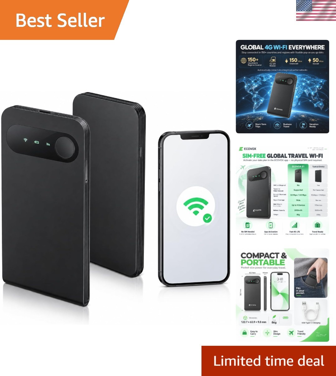 Travel-Ready ECOVOX E1 4G LTE WiFi Router - 13 Hours of Reliable Connectivity