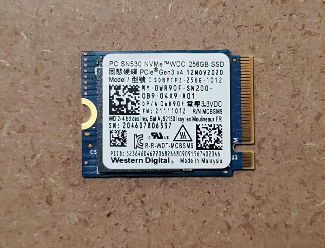 Western Digital SN530 256GB NVMe PCIe M.2 2230 SSD SDBPTPZ-256G-1012 Dell 0WR90F