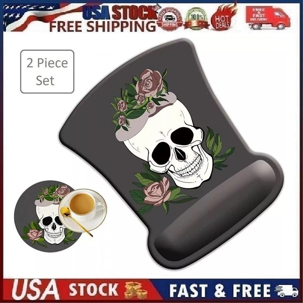 Ergonomic Skull Roses Gel Mouse Pad with Wrist Rest and Coaster for Home, Office