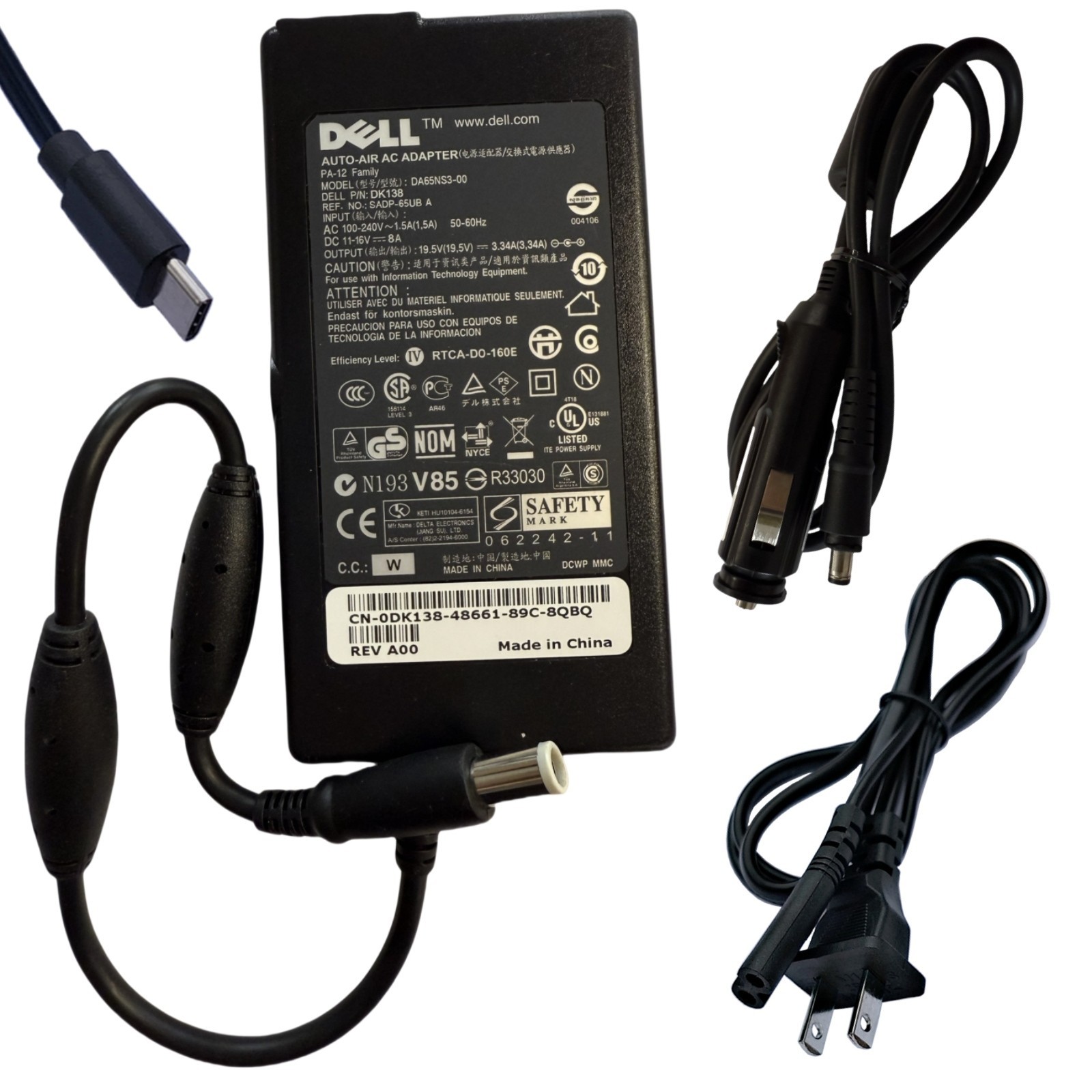 Genuine DELL USB-C 65W AC & Car DC Adapter For Latitude 5510 5520 5400 7370 7390