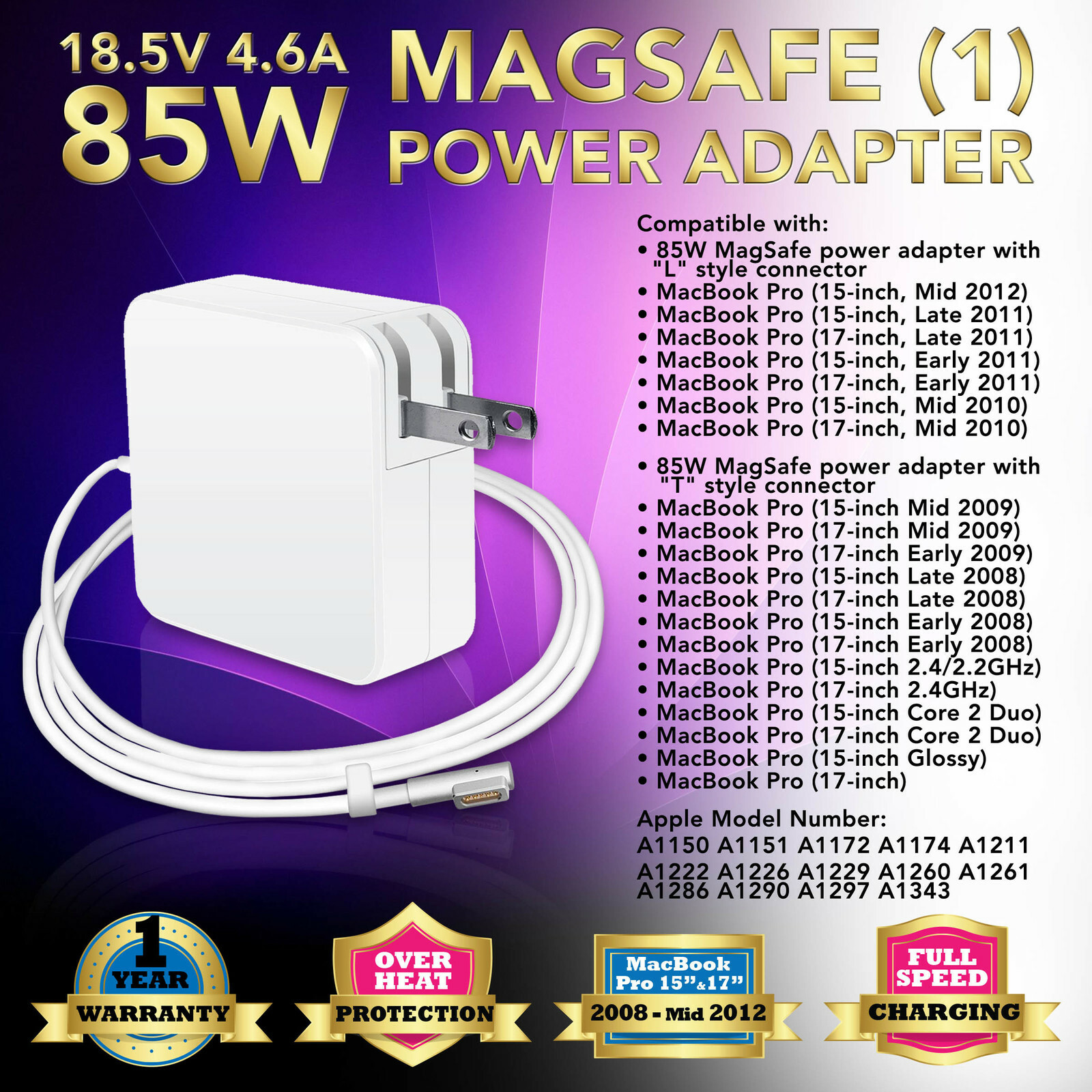 For Apple 85W Macbook Pro 15" 17" AC Power Cord Adapter A1222 A1226 A1229 2010