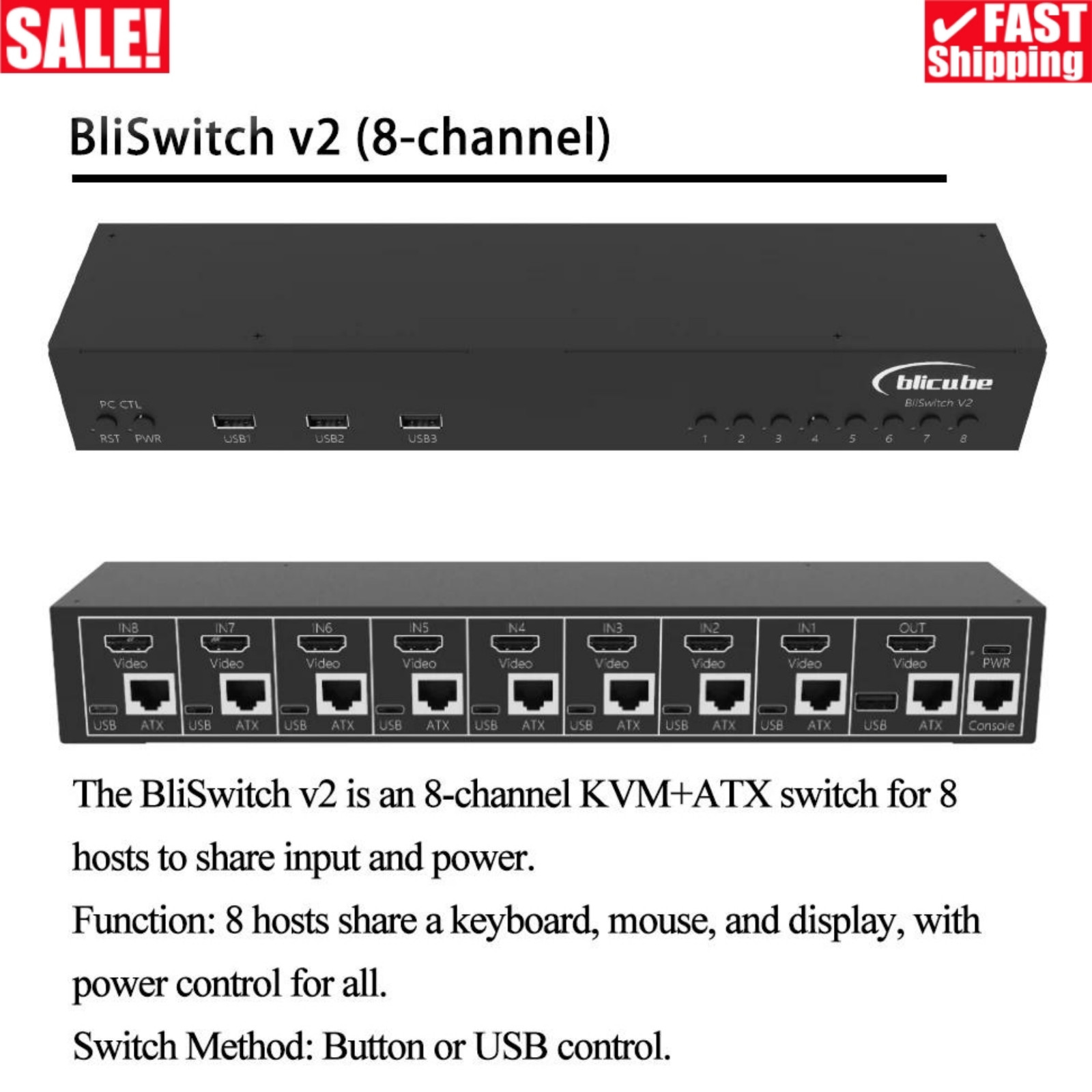BliKVM Switch V2 HDMI-compatible Switch 8-IN 1-OUT Remote Switching 8Ch KVM+ATX
