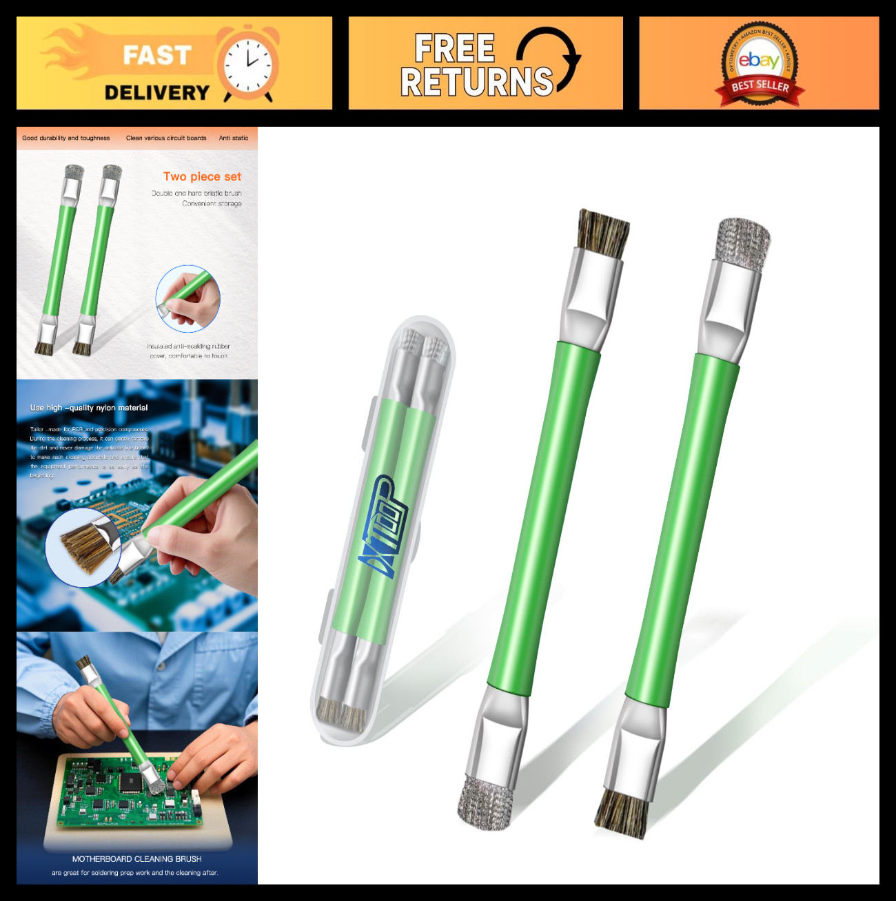 Anti-Static IC Cleaning Brush Set - 2 Double Head Tools for PCB, Circuit Board &