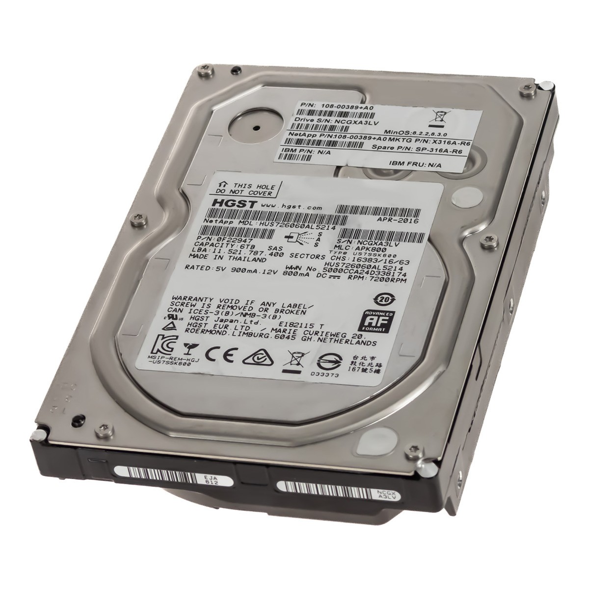 HARD DRIVE NetApp 108-00389+A0 HUS726060AL5214 6TB 7.2K 128MB SAS-3 3.5'' 