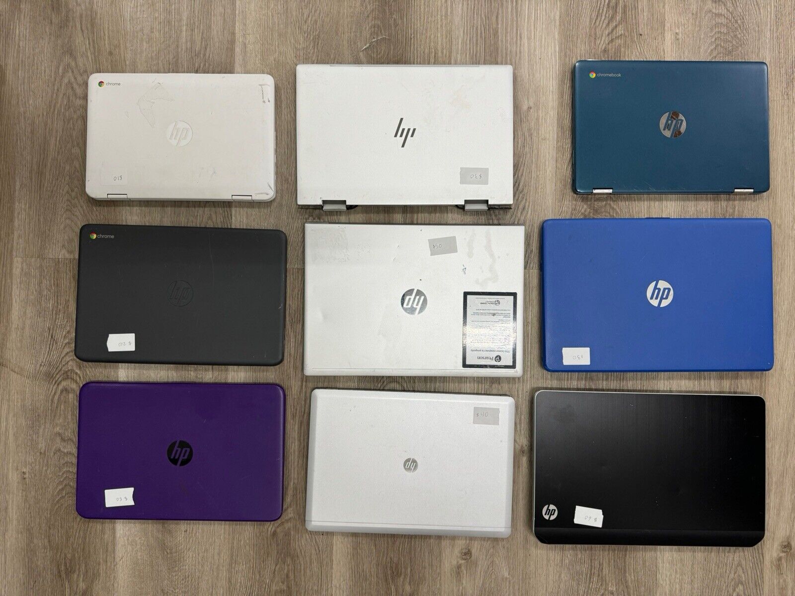 LOT OF 9 HP LAPTOPS FOR PARTS UNTESTED - DAMAGE, NO CHARGERS/ACCESSORIES
