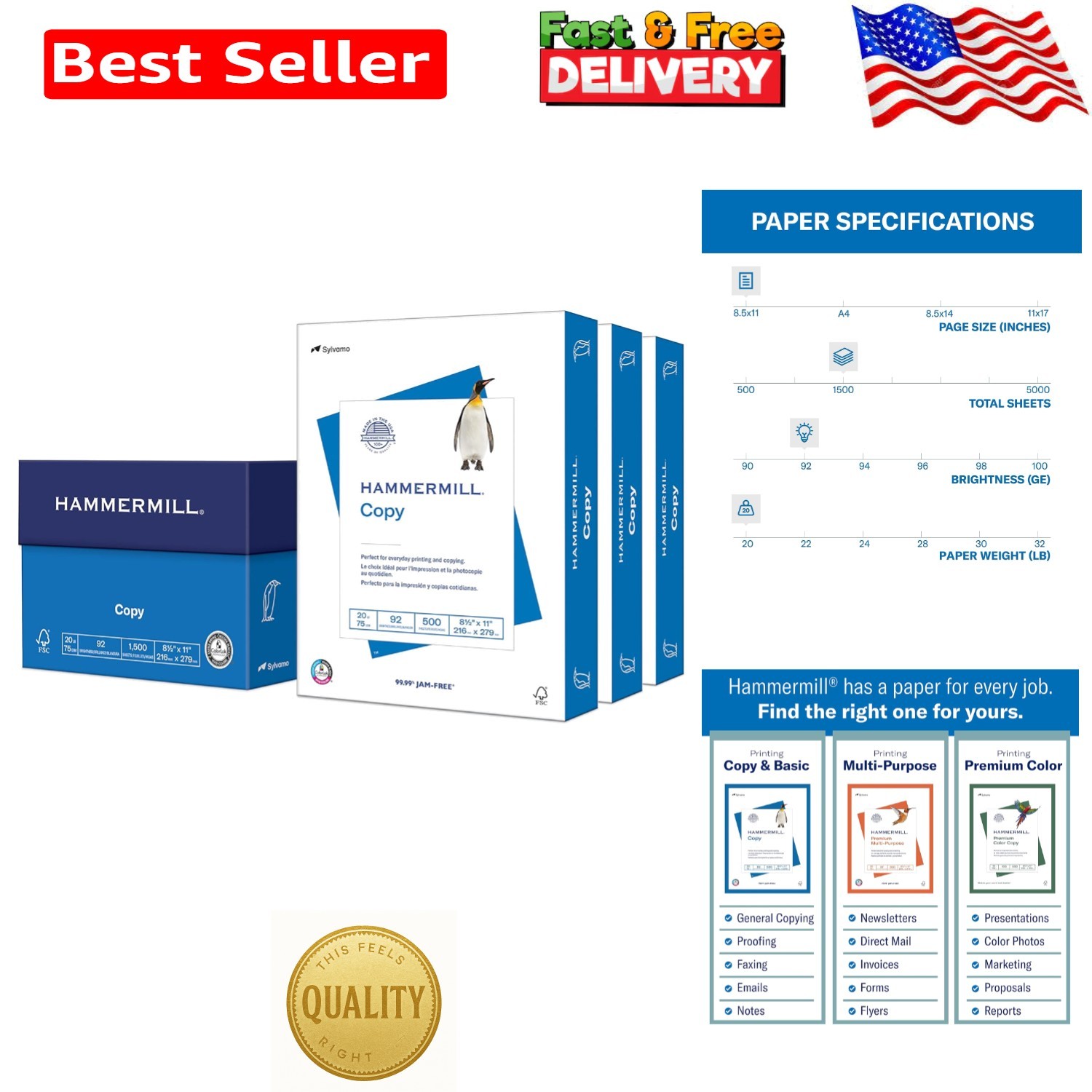 High-Quality 8.5x11 Printer Paper, 1500 Sheets, JAM-FREE, Brightness of 92