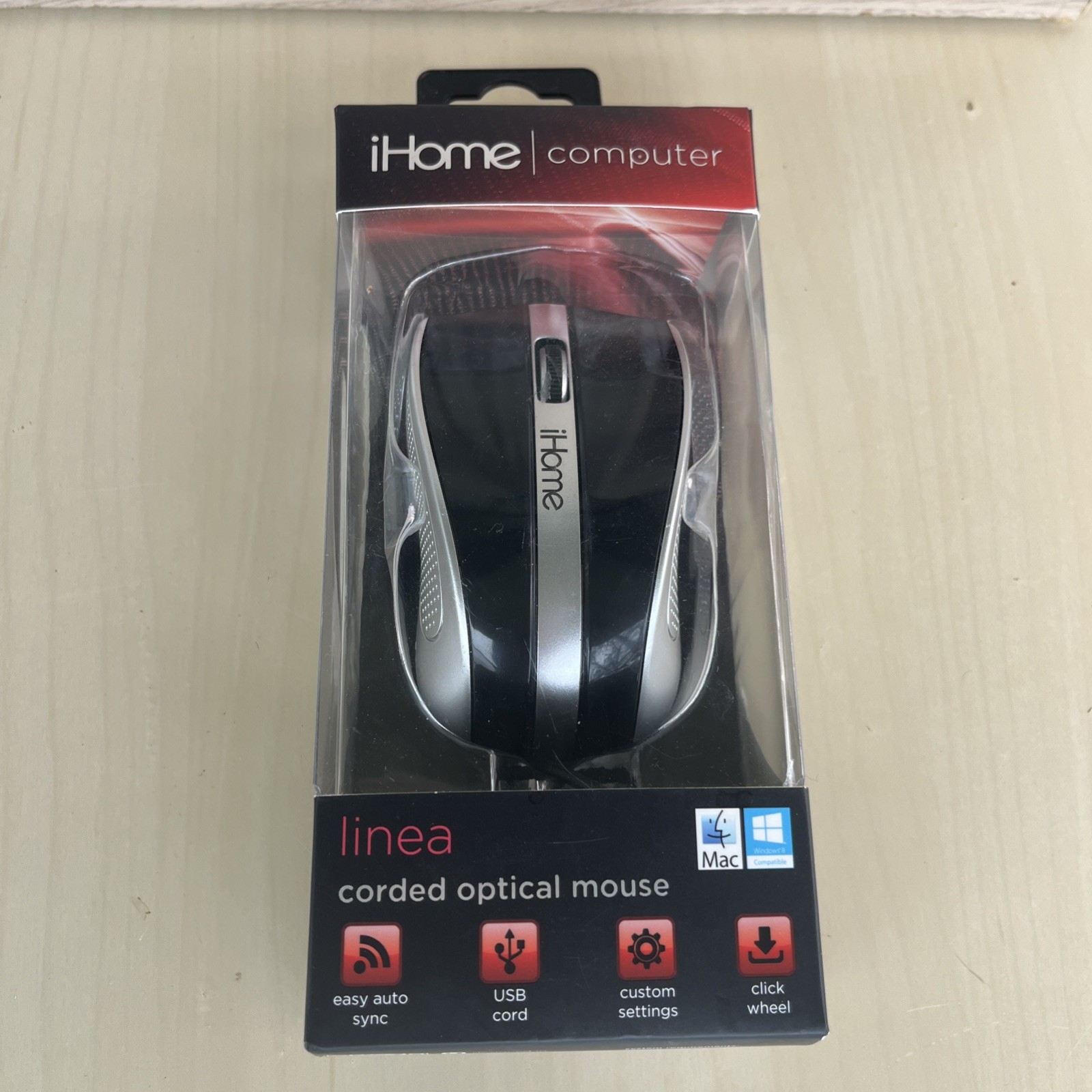iHome Linea Corded Optical Mouse IH-M401B USB Mac PC Black Silver New