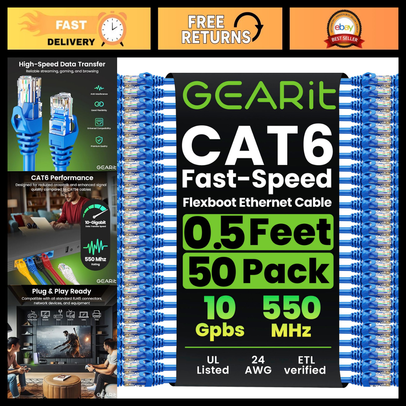 High-Speed Cat6 Ethernet Patch Cable 10Gbps, Snagless, 0.5ft, 50-Pack, Blue