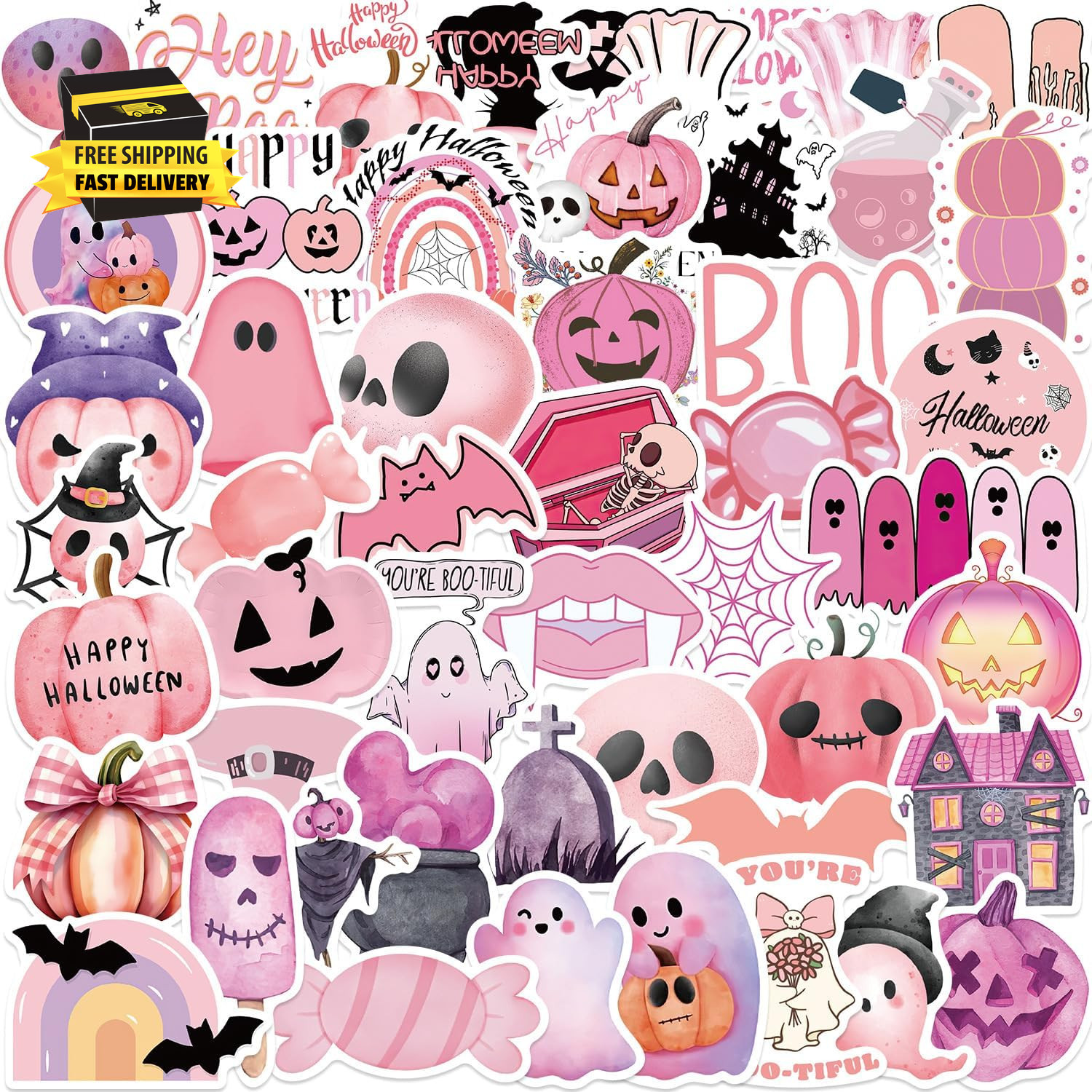 50Pcs Pink Halloween Decoration Ghost Sticker for Adult Pink Halloween Stickers,