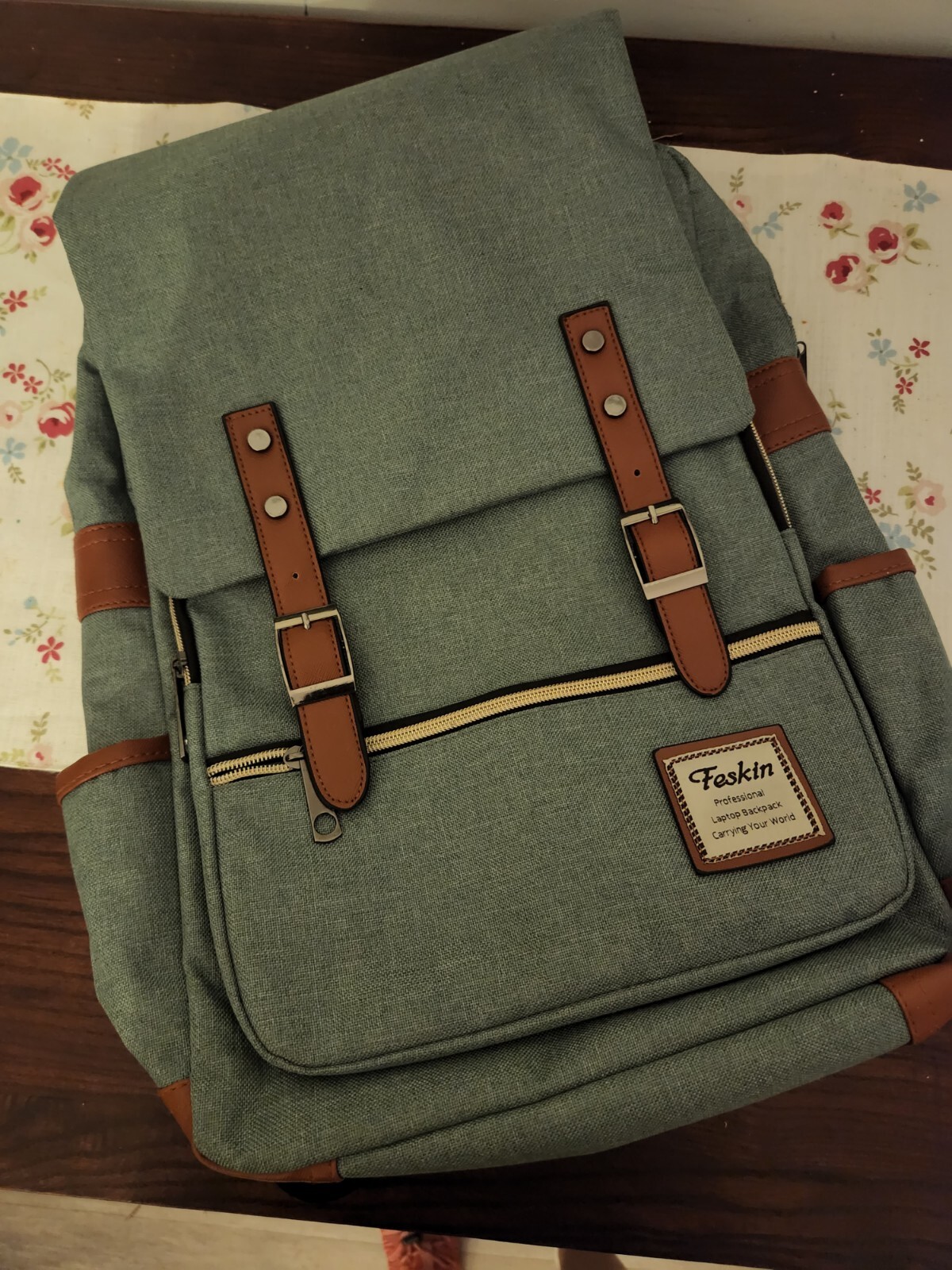 Feskin Professional Business Laptop Backpack Green Canvas with Faux Leather 
