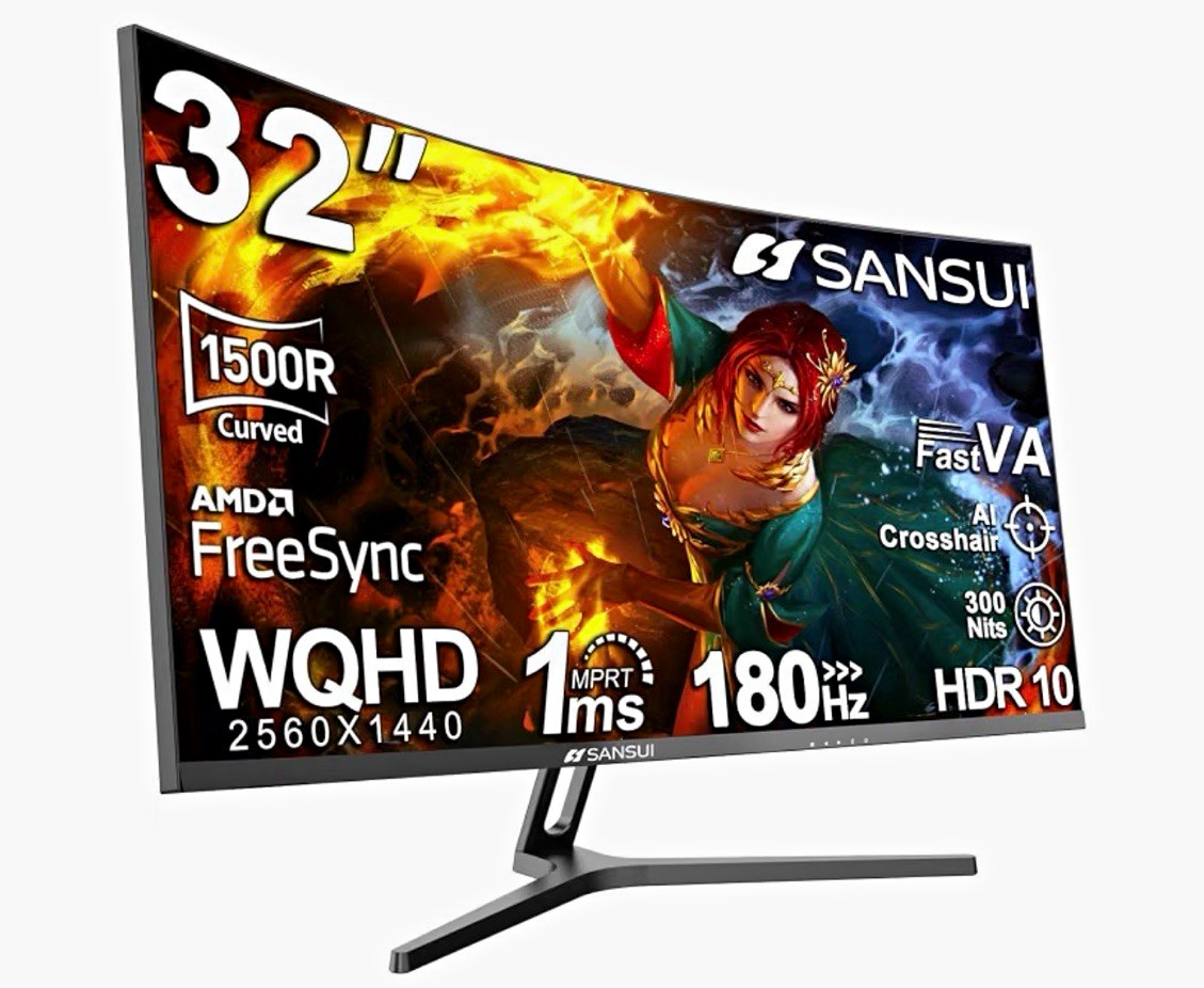 SANSUI 32in Curved VA Gaming Monitor 1440p 180Hz 1ms HDR10 Adaptive-Sync