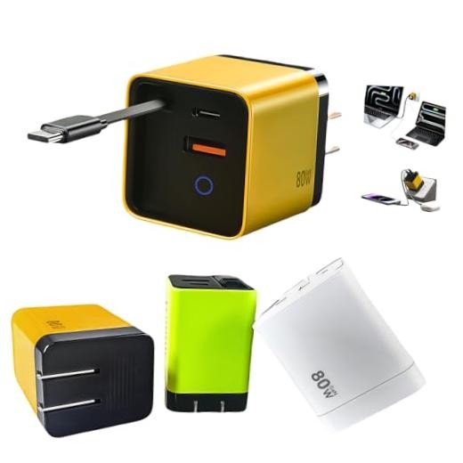 80W GaN Fast Charger with Retractable USB-C Cable 3-in-1 Wall Charger Yellow