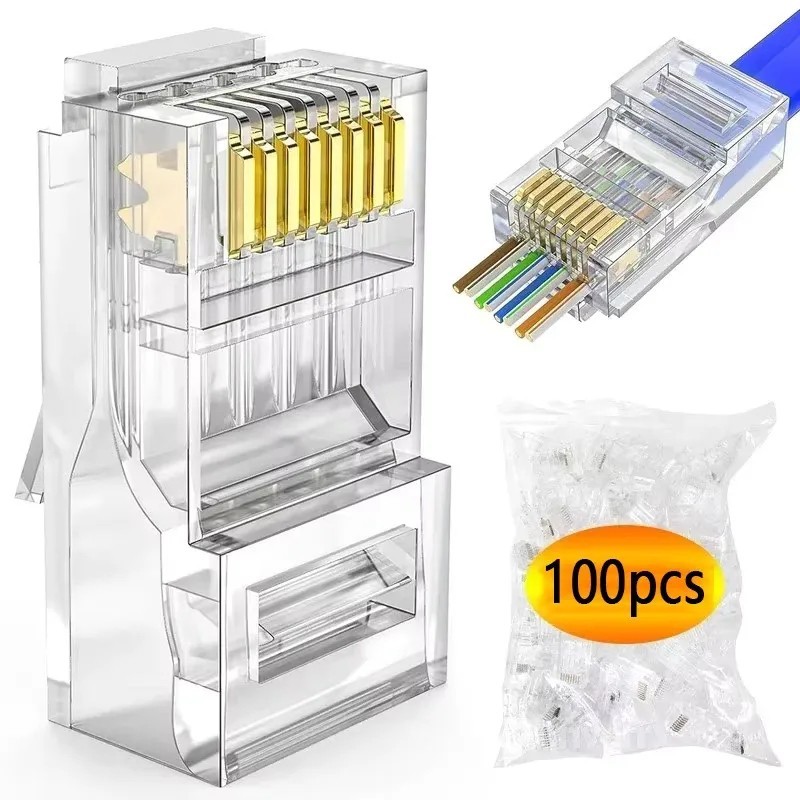100pcs/lot RJ45 CAT6 CAT5e Pass Through Connectors Crystal End Gold-Plated 8P8C
