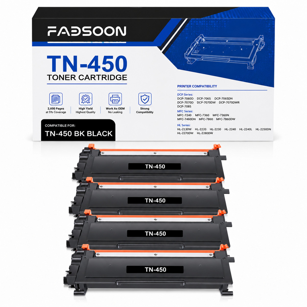 TN450 4PK High Yield Compatible Black Toner for DCP-7060D DCP-7065DN HL-2270DW