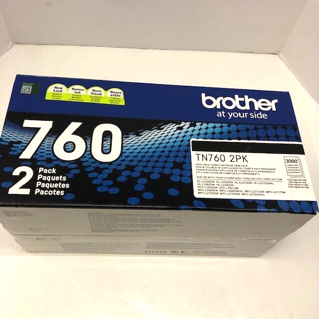 Brother Genuine TN760 2PK Black Toner Cartridge TN-760 2 Pack - NEW/SEALED