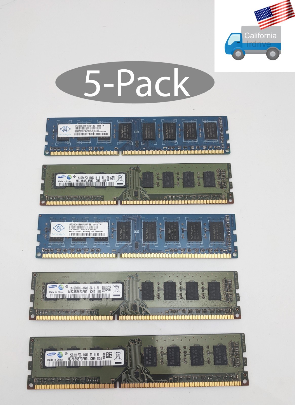 5-pack: Samsung/Nanya 10GB (5x 2GB) DDR3 DIMM Desktop PC RAM Memory-Lot Tested