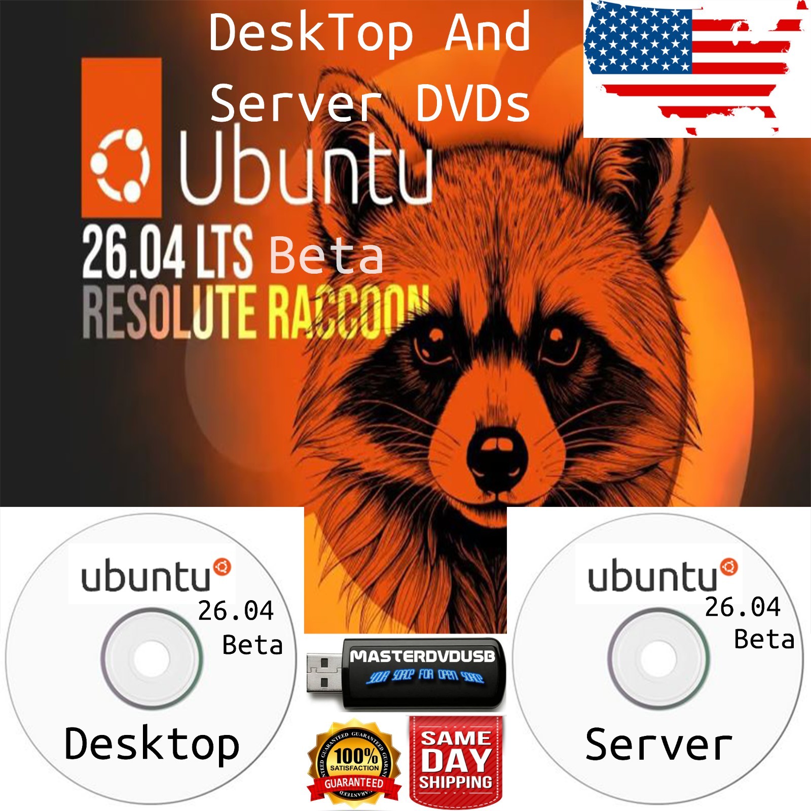 UBUNTU 26.04 BETA LTS 2‑DVD SET Desktop And Server  - SHA256 - SAME DAY-Shipping