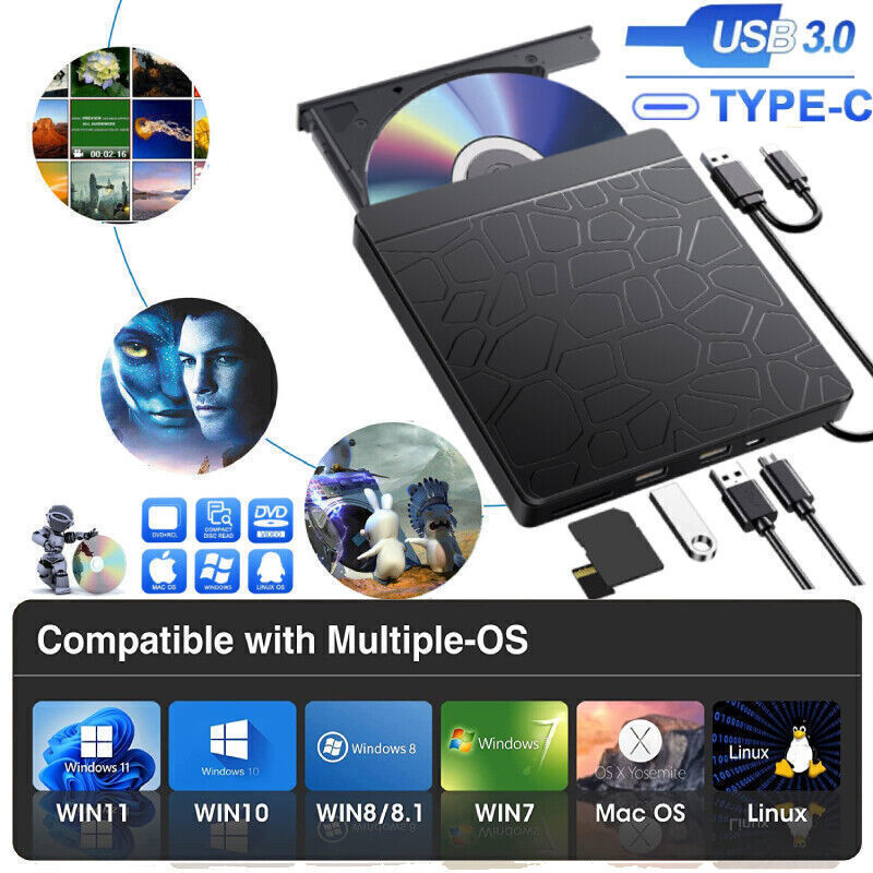External CD RW DVD ROM Writer Burner Player Drive PC Laptop USB-C Type C for HP