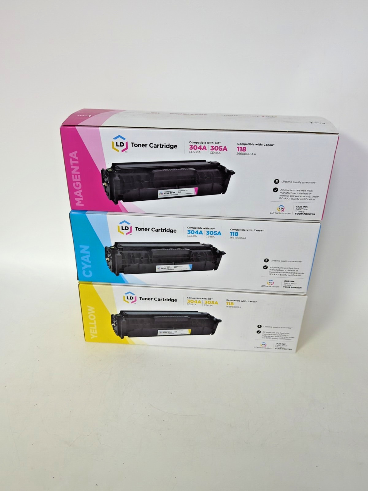 LOT OF 3 LD TONER CARTRIDGE COMPATIBLE HP 304A/305A AND CANON 118, M,C,Y