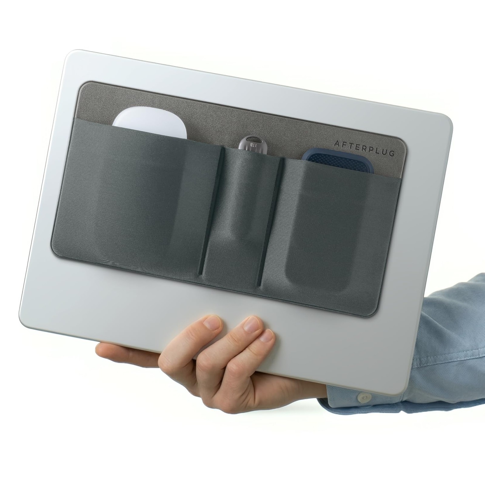 Gray 3Pocket Storage Pouch Adhesive Laptop Accessory Organizer For HDD SSD