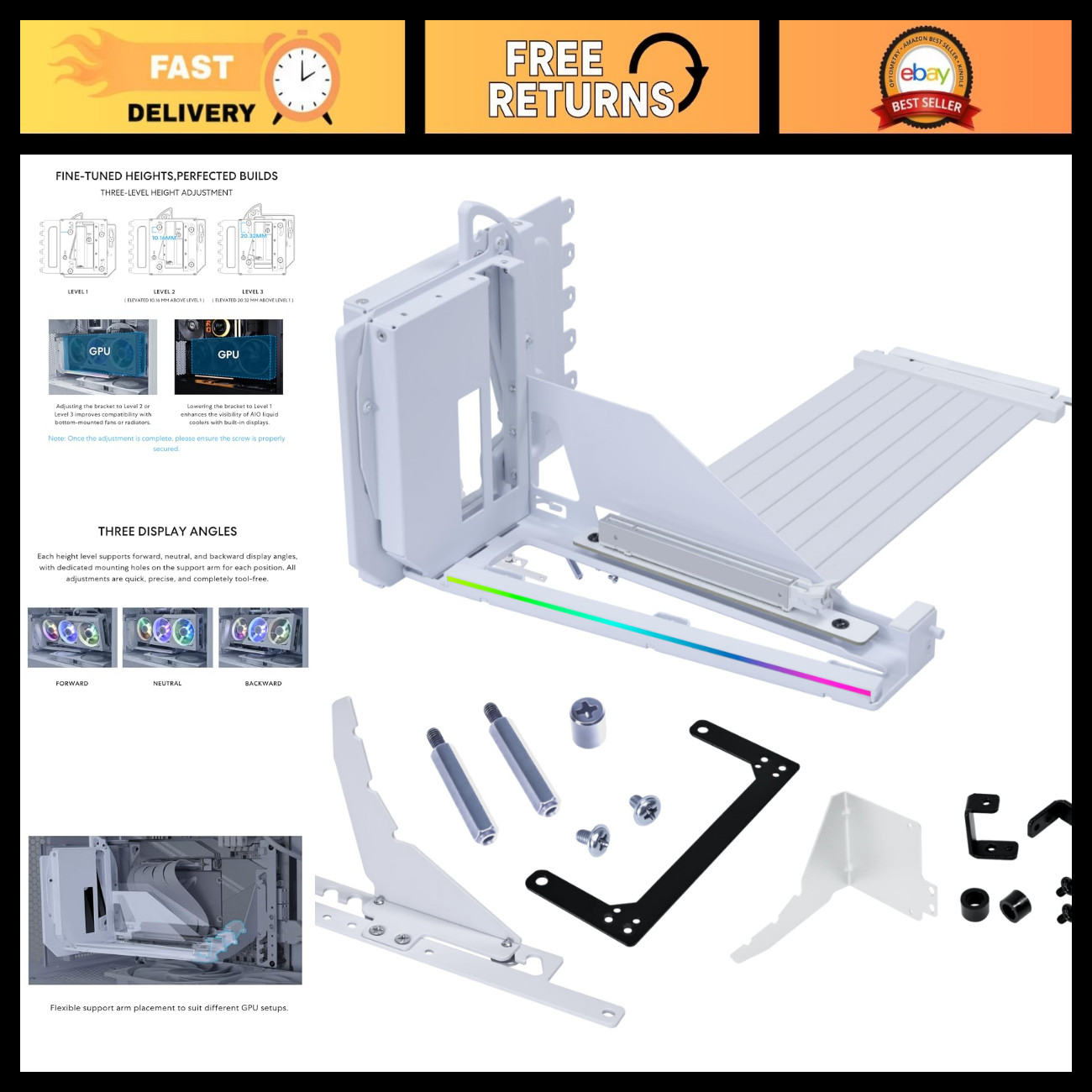 Vertical GPU Mounting Kit - 4 Slots, PCIe 5.0 Riser, White, PC Gaming Accessory