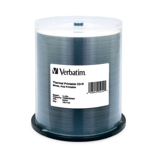 Verbatim CD-R 700MB 52X White Thermal Hub Printable - 100pk Spindle (95254)
