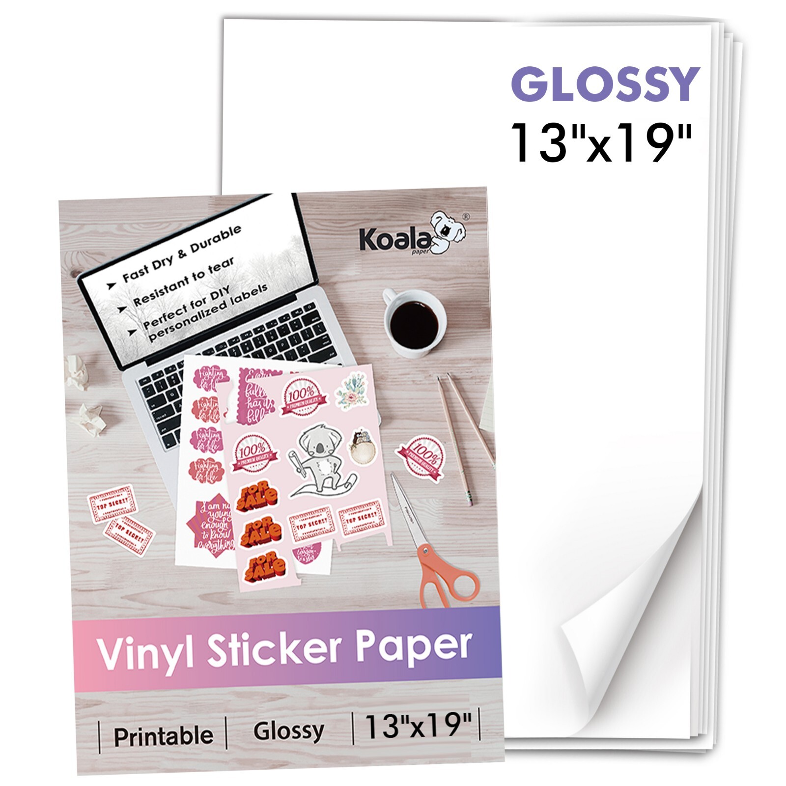 Koala Vinyl Sticker Paper 13x19 Glossy Waterproof 30PK for Inkjet Laser Printer