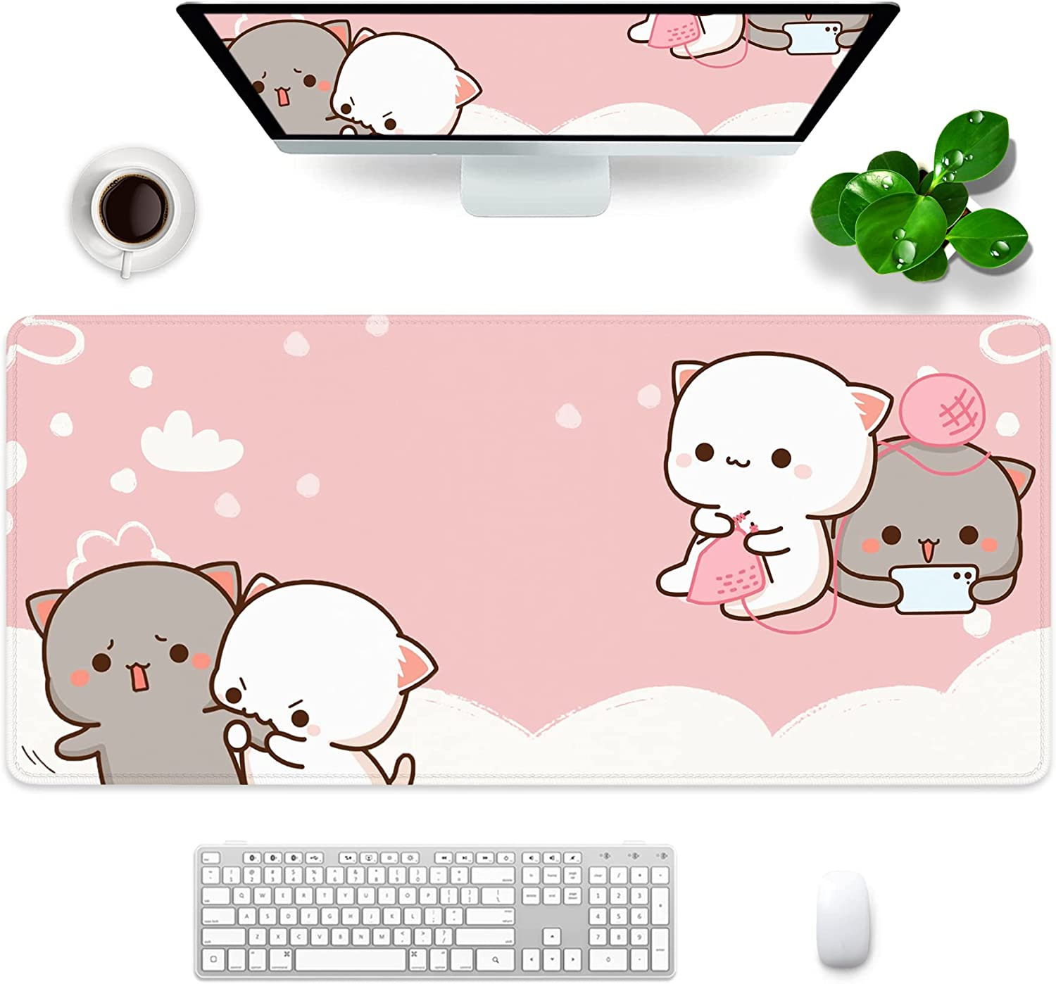 Pink Mouse Pad Cat XXL Kawaii Gaming Mouse Pad Animal Theme 35X15.7X0.12 Inch Gi