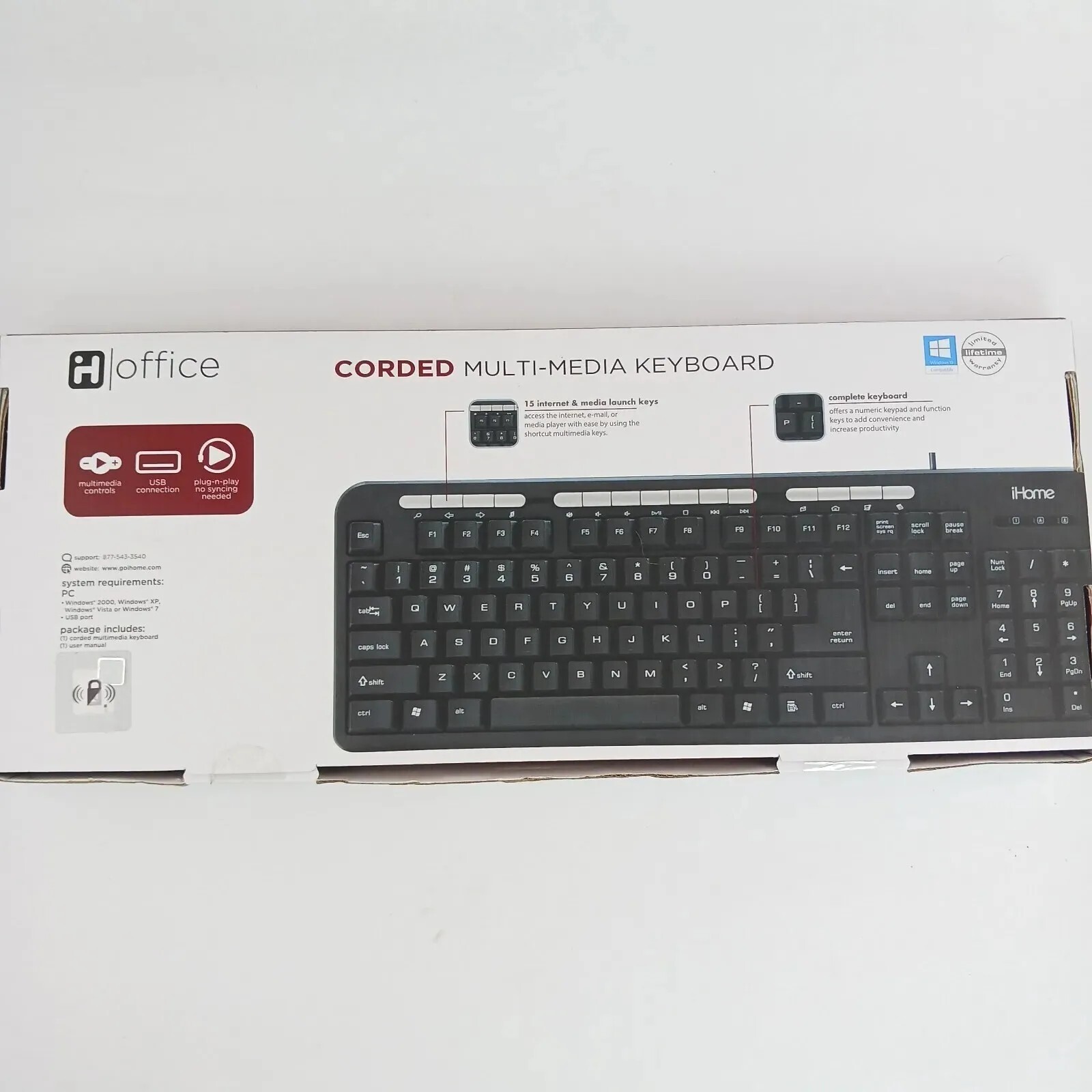 IHome Corded Multi-Media Keyboard Multimedia Controls USB Connection Plug-n-Play