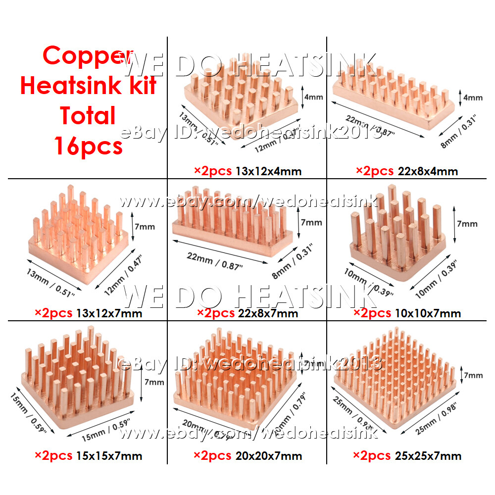 16pcs Copper Heatsink DIY Kit 100% Copper Radiator Cooler 10x10mm 15x15mm 20x20m