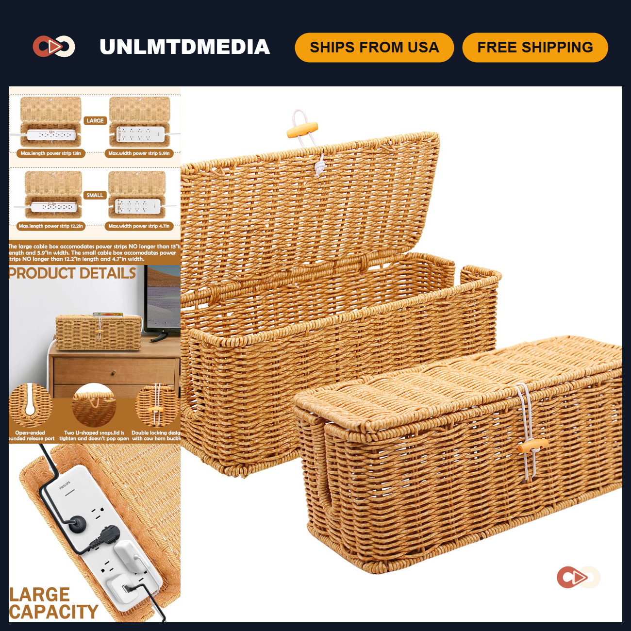 2PCS Rattan Cable Management Box - Handmade Cord Organizer Basket for Home & Off
