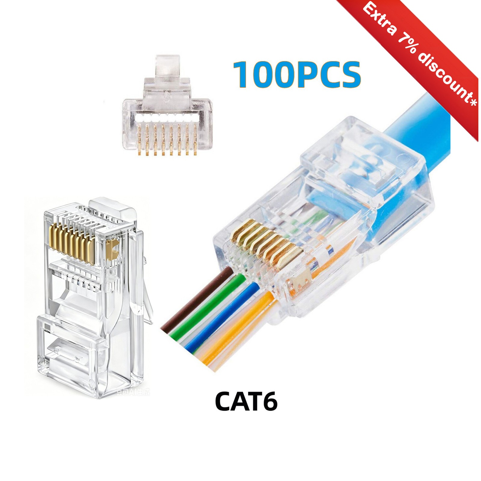 100pcs RJ45 Pass Through Modular Plug Network Cable Connector End 8P8C CAT6 CAT5