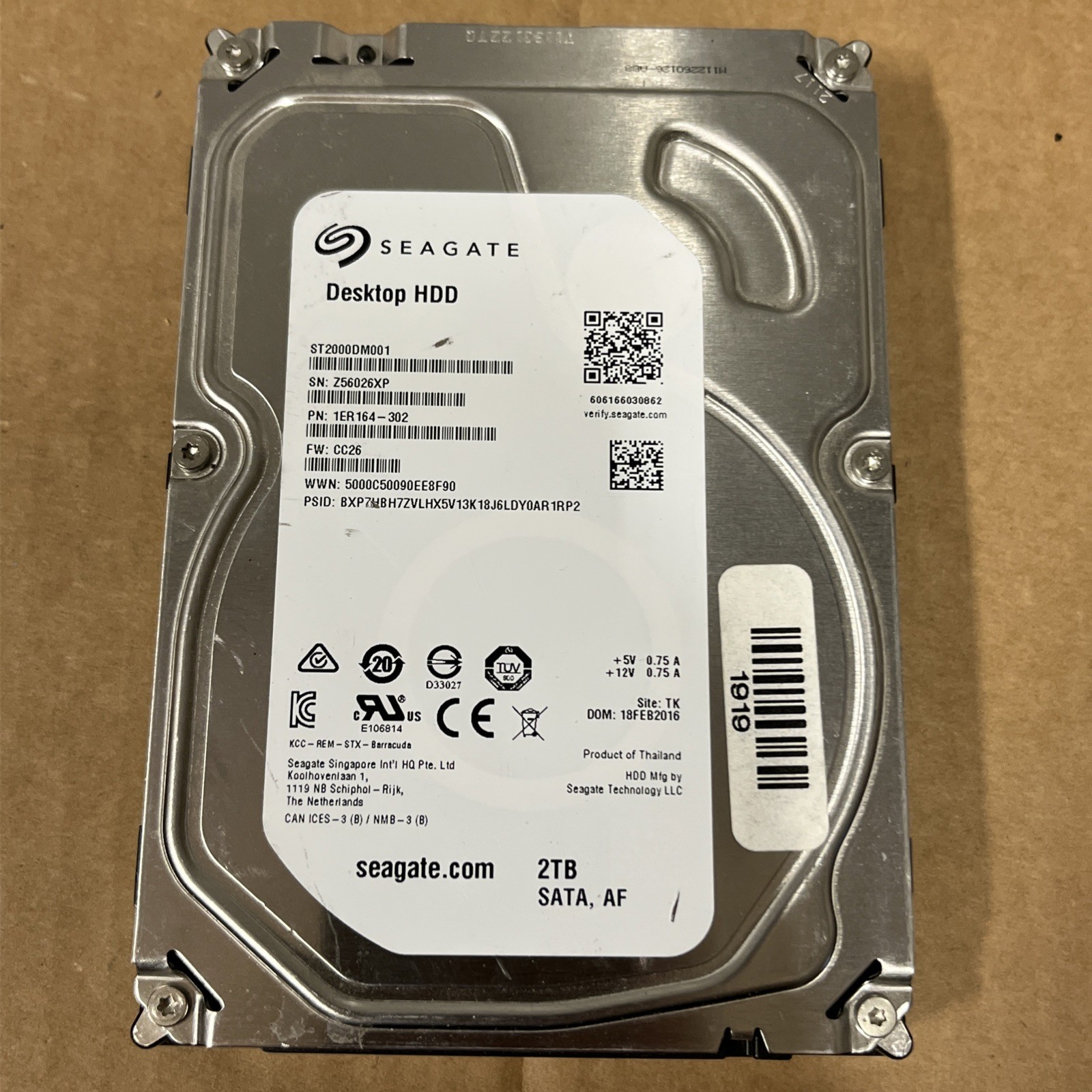 Seagate ST2000DM001 3.5" 2TB SATA 1ER164-302 FW:CC26 TK Thailand Date: 02/2016
