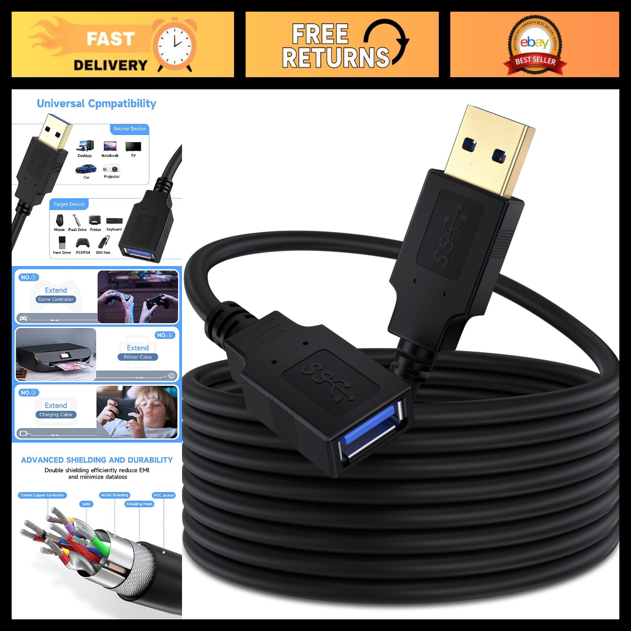 12FT USB 3.0 Extension Cable - 5Gbps High-Speed Data Transfer, A Male to Female