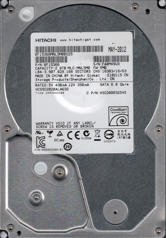 Hitachi HCS5C2020ALA632 P/N: 0F15366 MLC: MNL5M0 2TB Desktop HDD